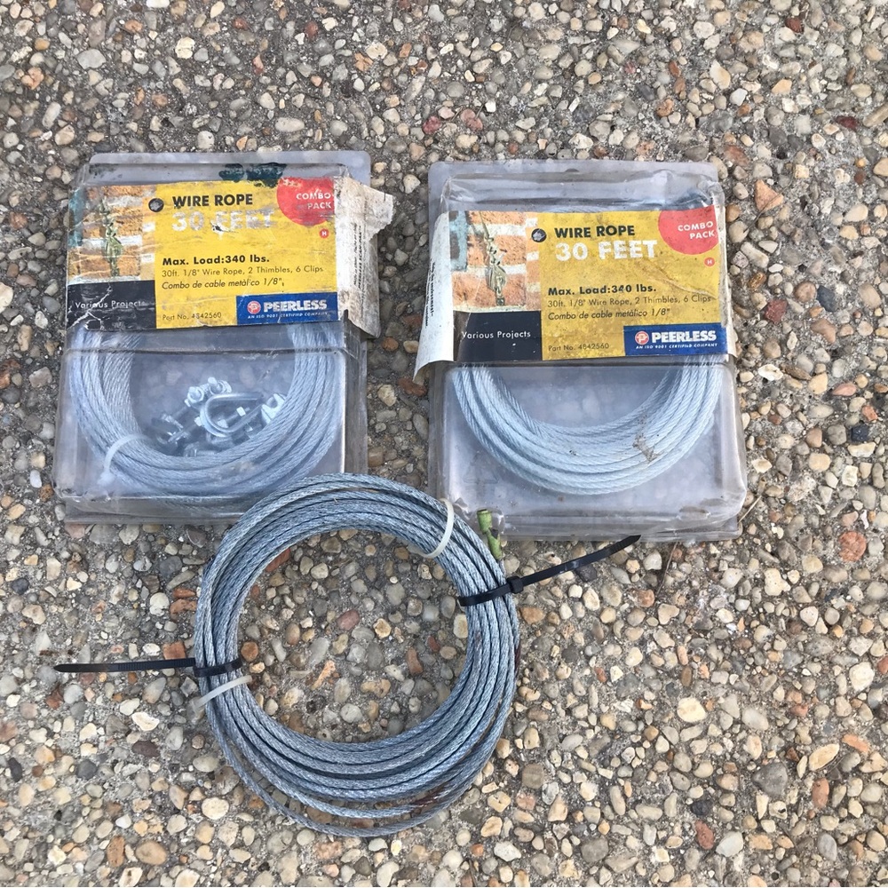 Peerless Wire Rope Max Load 340 lbs. 
Part No. 4842560
2 NIB 30 Ft. 1/8” Wire Ro